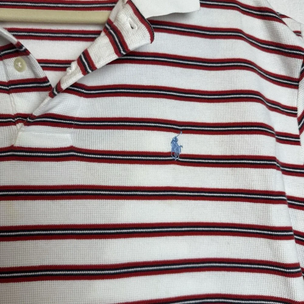 Polo Ralph Lauren Mens‎ Red White Striped Knit Short Polo Shirt Blue Pony Size L